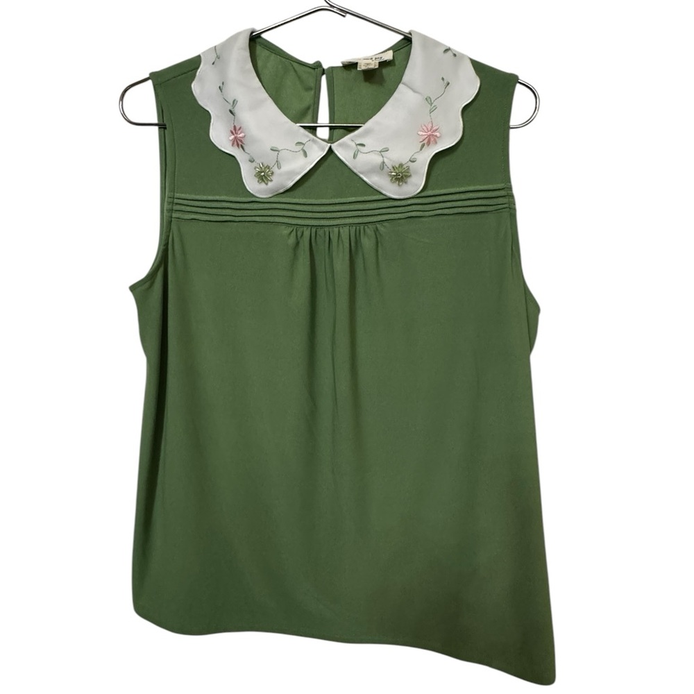 Vintage Green Sleeveless Retro 50s 60s Vibe Top Embroidered Collar Women’s M